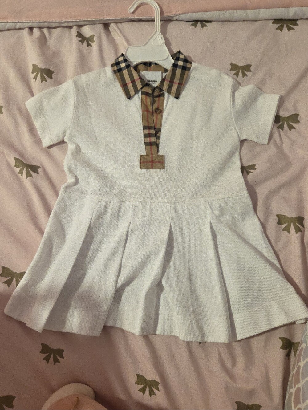 Burberry White Girls Polo Dress with Signature Check Trim